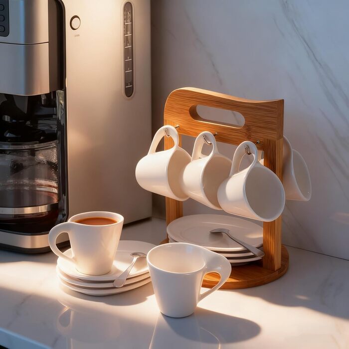 Набір еспресо-чашок з дерев'яним підставкою, 6 шт. по 80 мл, порцеляна, товстостінні, з підставками, для 6 осіб