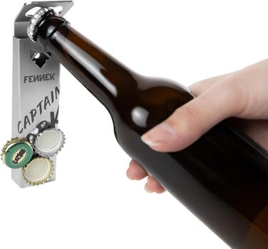 FENNEK Captain Cork | Bottle Opener | Integrated, super-strong magnet for up to 40 bottle caps | Easy mounting with adhesive tape or screws | made of stainless steel | Made in Germany