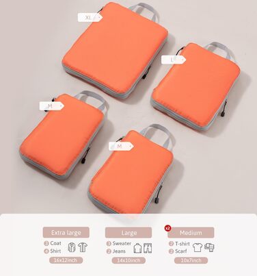 Набір компресійних кубиків для валіз Meowoo (4 шт.) - Органайзер для подорожей, водонепроникний (XL, L, 2×M), для ручної поклажі та валіз, помаранчевий