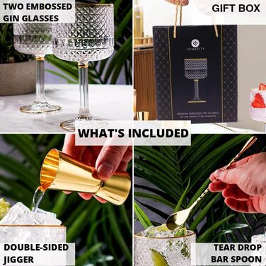 Набір келихів для джину Vemacity Luxuriöses Gin Gläser 2er Set: 2 келихи з золотими деталями (450 мл), ложка, мірний стакан, E-book з рецептами. Чудовий подарунковий набір.