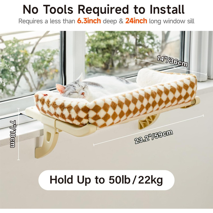 MEWOOFUN Cat Hammock Window Cat Bed Window Sill for Cats - 50x36cm Cat Bed for Radiator Cat Hammock with Soft Bed, Removable Suction Cup Free, Holds 18kg (Brown L - with Bed)