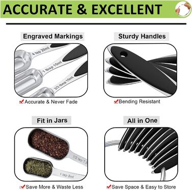 Measuring cups and spoons – Wildone stainless steel 20-piece stackable set, includes 8 black measuring cups, 10 measuring spoons, 1 leveler, and 1 whisk, for dry and liquid ingredients