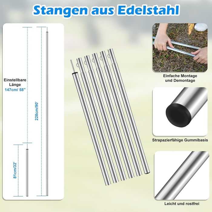 Намет WADEO для кемпінгу, водонепроникний, 4x3 м, з тентром та аксесуарами, ультралегкий, для відпочинку на природі - Хакі (3,6м x 3,6м, Синій)