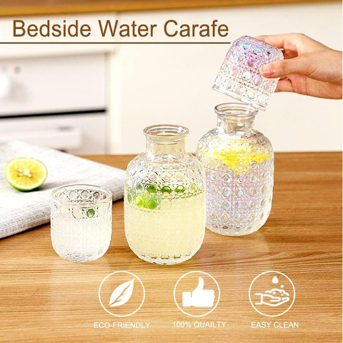 Vintage Water Carafe, Nightstand Water Carafe and Glass Set, Carafe with Glass Beaker for Nightstand, Thick Glass Mouthwash Decanter for Bedroom, Guest Room, Bathroom, Kitchen, 440ml (Transparent)
