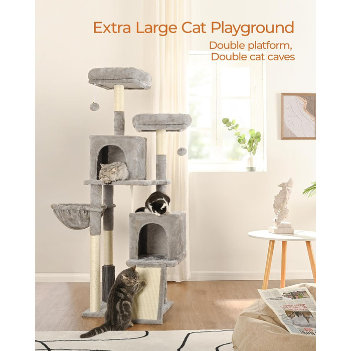 Кігтеточка для котів FourFurPets 156 см з драбиною з сизалю, 2 платформи, 2 печери, гамак, м'ячики (світло-сірий)