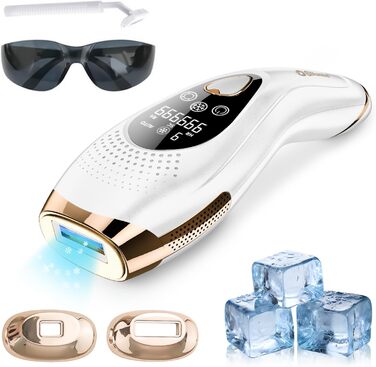 Пристрій для епіляції IPL з охолодженням 6°C, безболісна епіляція для тіла та обличчя, 999,900 імпульсів, 9 рівнів потужності, білий