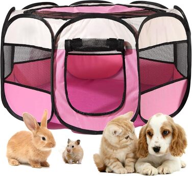 Клітка-загон для собак та котів 73x73x43 см, рожева, портативна, для внутрішнього та зовнішнього використання