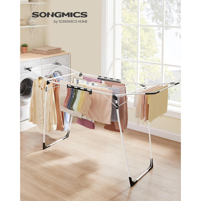 SONGMICS Сушарка для білизни на коліщатках, металева, біла, 52.5 x 173 x 96.5 см, з тримачем для шкарпеток, для одягу, рушників та білизни