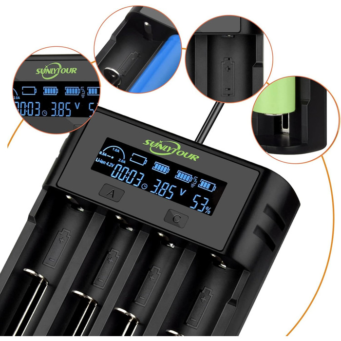 Зарядний пристрій SUNLYTOUR для акумуляторів Ni-MH AA, 18650, 21700, 21750 (4 слоти) з PCB-захистом