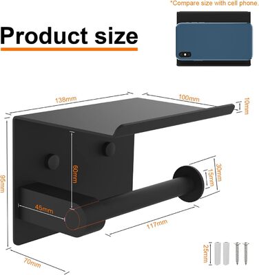 Тримач туалетного паперу Ibergrif з 2 способами монтажу, без свердління, з полицею, нержавіюча сталь, чорний