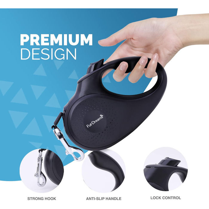 Висувна поводок для собак FurDreams – міцний, 5-метровий поводок з надійним затискачем | Нековзний ручка з контролем блокування | Міцний нейлоновий поводок, що не заплутується & гачок для нашийника (Чорний, Великий) Чорний Великий