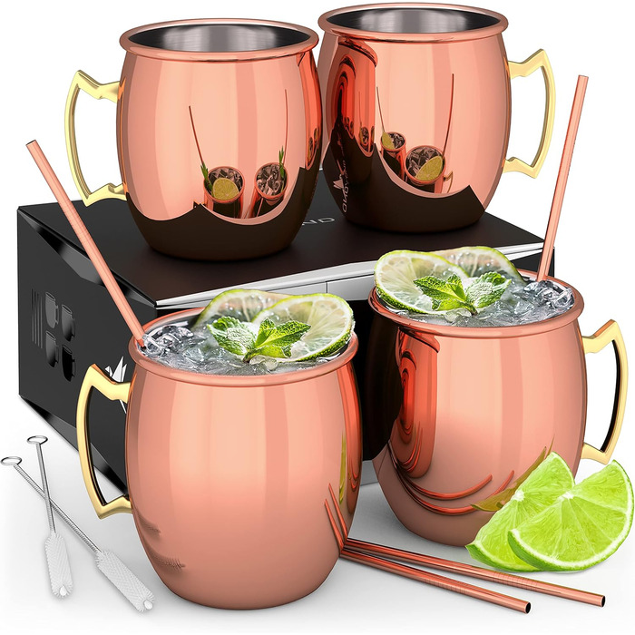 Beyond Moscow Mule Mug Set Copper Mugs - Copper Mugs with Straws & Gift Box | Moscow Mule Copper Cup Set with Traditionally Smooth Finish as a Gin Cup & for Cocktails (Set of 4)