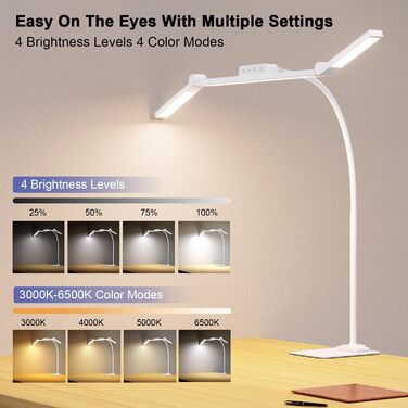 LED лампа для столу EppieBasic з кріпленням, 24W, 3 насадки, регулювання яскравості, 1200LM, захист очей, 4 колірні температури, таймер 30 хв, для офісу та дому