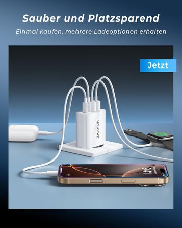 Мережевий адаптер ZKAPOR 40W з 4 USB-портами: швидка зарядка PD+QC для iPhone 16/15/14, Samsung Galaxy, Huawei, iPad