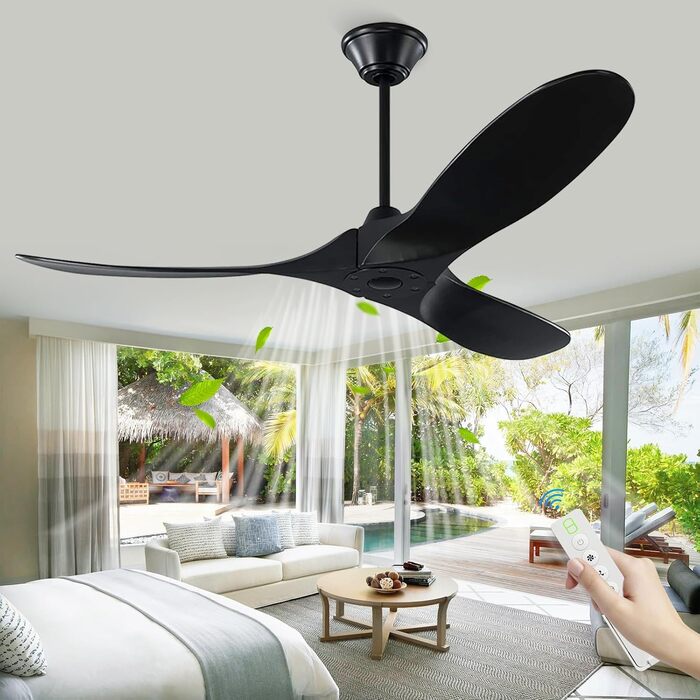 Стеля вентилятор 152 см з ДК-двигуном, 60 дюймів, з пультом керування, 3 лопаті, для дому та вулиці, з таймером (чорний)