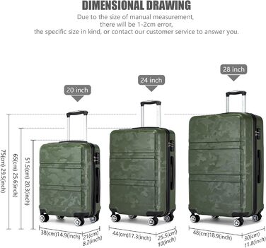 Чемодан-тележка KONO з ABS+PC - легкий валіз з 4 колесами, TSA-замком, для подорожей, бізнесу та сімейного відпочинку (M (52cm), Зелений/Камуфляж)