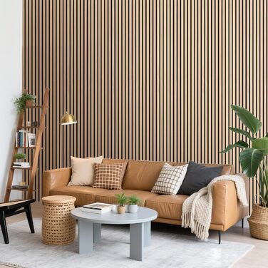 Акустичні панелі з натурального шпона дуба, самоклеючі (набір 2 шт, 100x52 см) для шумоізоляції та декору стін у вітальні, офісі та спальні