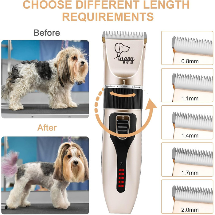 Безшумна машинка для стрижки собак та котів з 2 швидкостями, акумуляторна, бездротова, з 11 насадками (чорний/золотий)