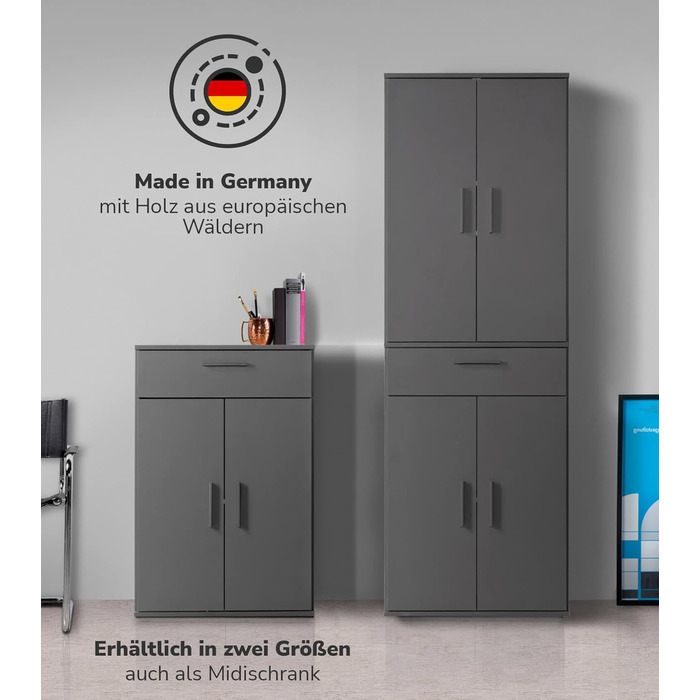 Multi-purpose cabinet 60cm wide with drawers 'The Practical', small office cabinet or filing cabinet, also as a shoe cabinet or storage cabinet in 60x90x34 cm (W/H/D) in White (Height 90CM, Anthracite Black)