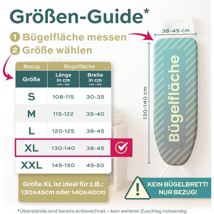 Покриття для прасувальної дошки Turbo Bügelbrettbezug 140x40 - відбиває тепло для швидкого прасування, зручна фіксація гумкою, 2X комфортні подушечки, сертифікат OEKOTEX100, виготовлено в Європі, розмір XL, сірий/білий XL