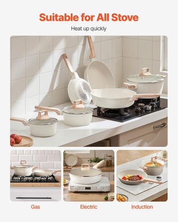 Набір посуду VEVOR індукційний 17 предметів з кришками, антипригарне покриття, для плити, кухні, кемпінгу - білий