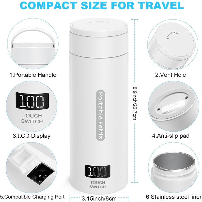 Flintronic Travel Electric Kettle, 380ML Mini Electric Kettle, 220 V / 300W Thermos Flask, 304 Stainless Steel Liner, Small Portable Electric Kettle with Automatic Shut-Off