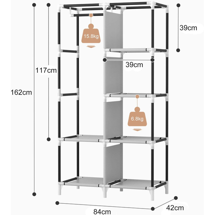 Wardrobe, Portable Fabric Clothes Closet with Clothes Rod, 6 Shelves, 4 Side Pockets, and Cover, Sturdy Clothes Racks for Bedroom Dressing Room (Black, 84 x 42 x 162 cm)