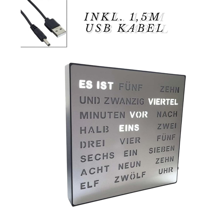 Bada Bing LED Word Clock Silver with German Word Display - elegant metal clock with USB cable wall clock modern - high-quality table clock silent for placing/hanging - decoration gift men's office living room