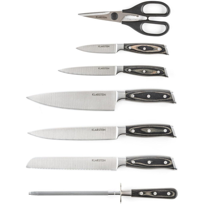 Klarstein Katana 8 Professional Knife Set - 8-Piece Stainless Steel Kitchen Knife Set with Block, Brown Wood Block