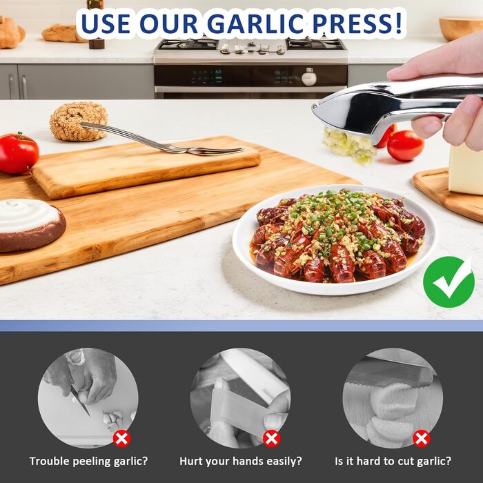 Преміум-прес для часнику та силіконовий лузер, стильний прес з цинкового сплаву, придатний для миття в посудомийній машині, сріблястий подрібнювач часнику, кухонний помічник, надміцний та довговічний, зручний та легкий у чищенні