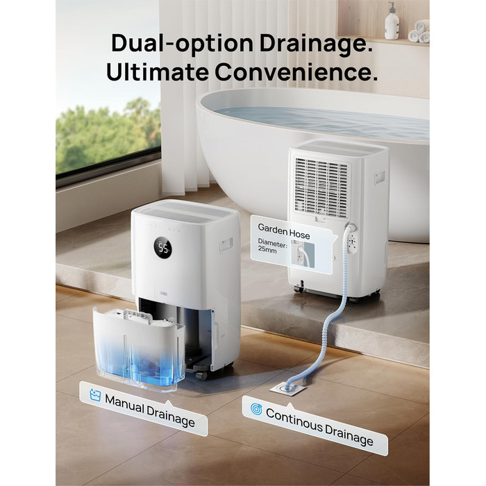 Dreo Розумний осушувач повітря / 24 год, для приміщень 37 м² – енергоефективний та тихий – керування через додаток & Alexa – 3 режими, таймер, регульована вологість, з відводом води, для спальні та ванної кімнати, білий (52L)