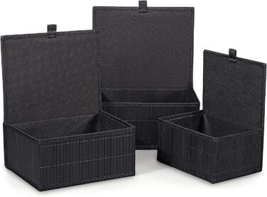 Honeycomb Storage Basket with Lid, Woven - Bamboo Decor Storage Boxes, Set of 3 Rattan Basket with Lid Woven Fabric Insert for Bathroom Kitchen Shelf Organization (Large/Medium/Small) (Black Box)