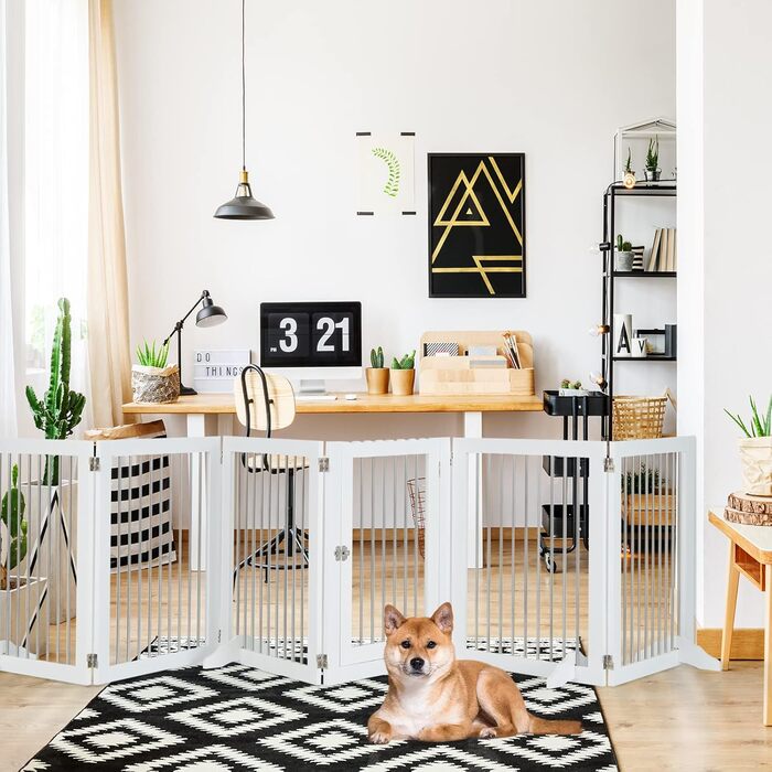 Захисне ґратка для собак COSTWAY, 6-секційне, з дверцятами, 80 см, з нержавіючої сталі та дерева, для каміну/сходи, біле