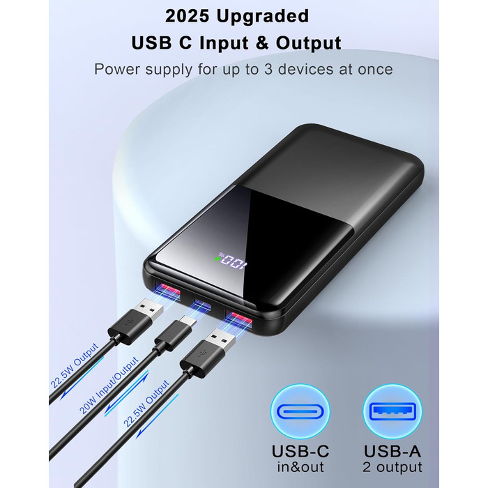 Power Bank 10000mAh 22.5W з PD USB-C: Швидка зарядка для iPhone, Samsung та Huawei (Чорний)