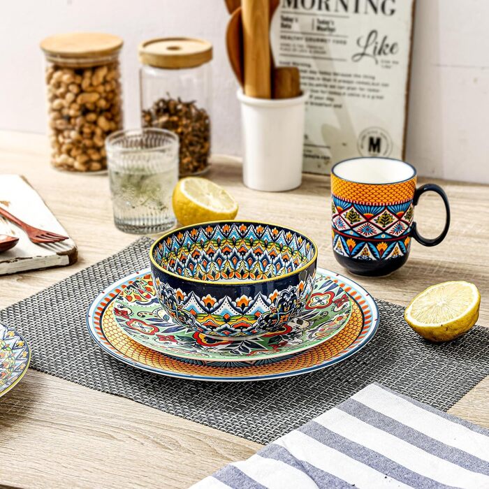 HENXFEN Набір з 6 порцелянових мисок для мюслі, супу, салату, 850 мл. Богемний квітковий дизайн, 6 кольорів