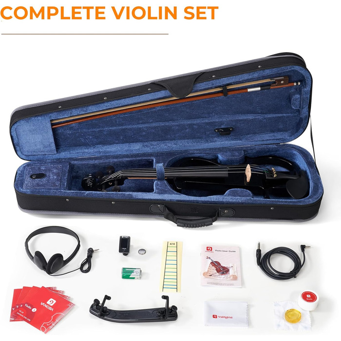 Електрична скрипка Vangoa 4/4 з цільного дерева, повного розміру, з усіма аксесуарами (колінь, чохол, кабель, підставка, смычок)