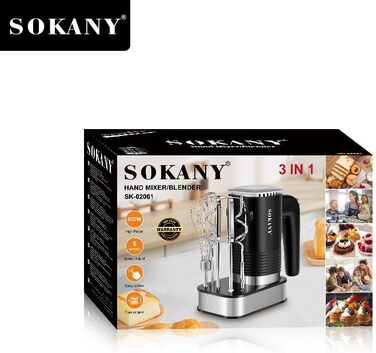 Міксер SOKANY 800W з нержавіючої сталі, 5 швидкостей, 3-в-1 (з гаками для тіста та вінчиками), Sk-02001