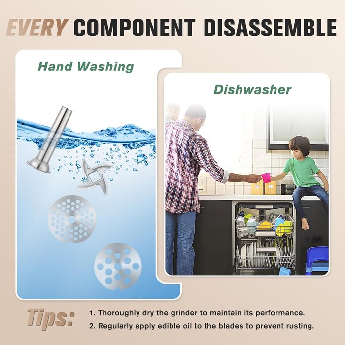 М'ясорубка ручна Huanyu з нержавіючої сталі, насадка для ковбас та печива, миється в посудомийній машині (№8)