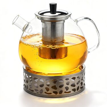 Скляний чайник з боросилікатного скла 1.5л з ситечком, підставкою для підігріву та кришкою — термостійкий чайник для листового, фруктового та пакетованого чаю, придатний для посудомийки