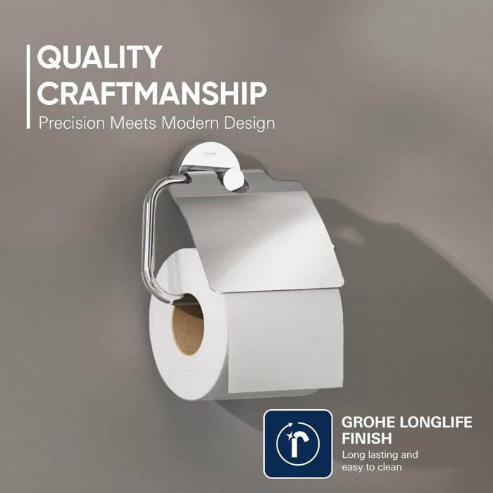 Тримач для туалетного паперу GROHE Essentials, хромований, круглий, з кришкою (набір 2 шт.), монтаж без свердління, арт. 40367001