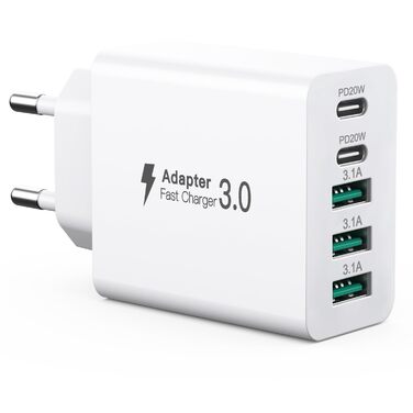 Зарядний пристрій USB-C 50W, 5 портів: 2 USB-C + 3 USB-A, Fast Charge PD 3.0, сумісний з iPhone, Samsung, планшетами - Білий
