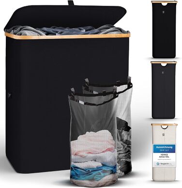 HENNEZ Laundry Basket with Lid, 2 Compartments, Slim Laundry Basket, Black, 141L Laundry Bag - Laundry Sorter, Anthracite Laundry Box, Laundry Bin, Black Laundry Collector with Lid, Laundry Chest, Dark Laundry Baskets