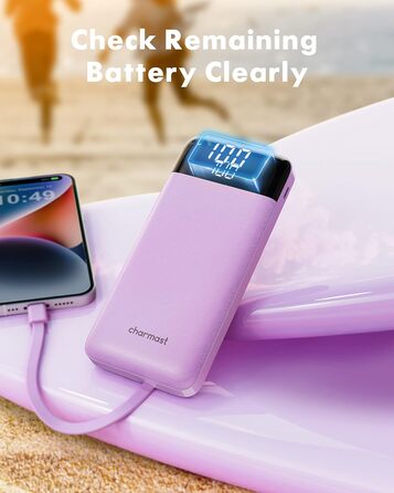 Power Bank Charmast 10000mAh з 6 виходами, USB-C, LED-дисплеєм та 4 кабелями (фіолетовий)