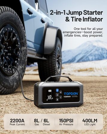 TOPDON V2200Air: Портативний стартер та компресор для авто (2200A, 150PSI)