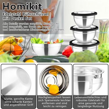 Набір мисок для змішування Homikit з кришками, нержавіюча сталь, 5 предметів (0.7L, 1.2L, 1.6L, 2.8L, 4.6L), чорні, герметичні та штабельні
