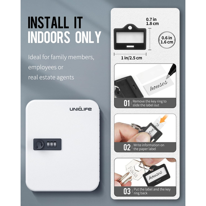 Шкафчик для ключів Uniclife на 60 позицій з комбінацією та ключовим замком, цифровий, з регульованими полицями (20 ключів, білий)