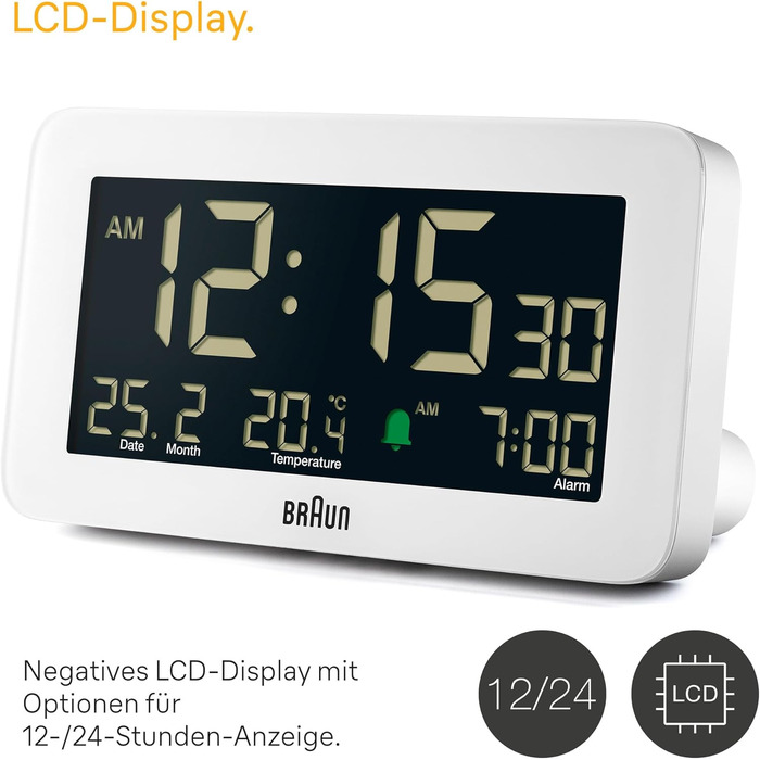 Braun Digital Alarm Clock with Date, Month, and Temperature Display, Negative LCD Display, Quick Set Function, and Gradual Alarm Sound in White, Model BC10W.