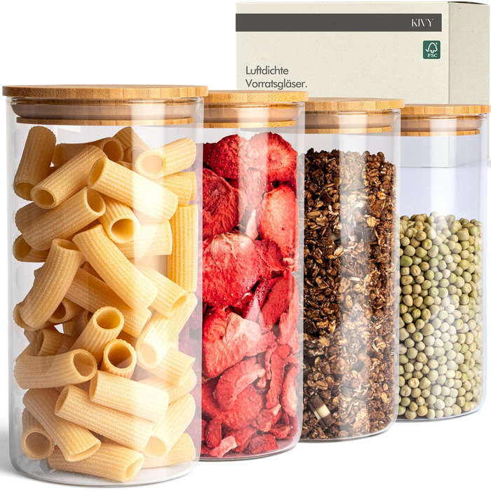 Скляні контейнери для зберігання KIVY з кришкою, 4 шт по 1200 мл - герметичні банки для продуктів, контейнери для кухні з бамбуковою кришкою