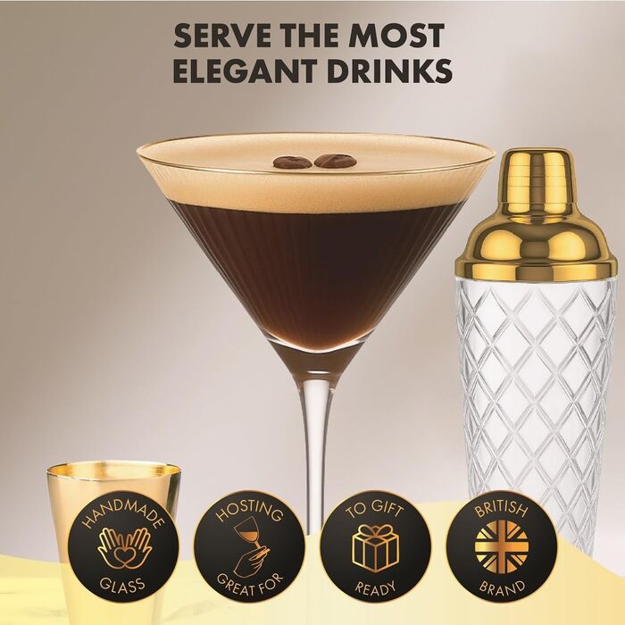Набір для коктейлів Vemacity: шейкер (500 мл) + 2 келихи Еспресо Мартіні з золотим обідком, барна ложка, джиггер | Набір бармена | Келихи та шейкер для коктейлів | Ідеальний подарунок на Різдво та Новий рік. Золотий шейкер, класичні келихи Мартіні з рифле