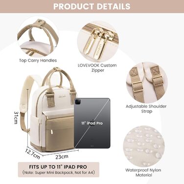 LOVEVOOK Рюкзак жіночий маленький, водонепроникний, 2-в-1 з USB-портом, міні-рюкзак, сумочка, для міста, роботи, подорожей, шкіл, елегантний, хакі та чорний